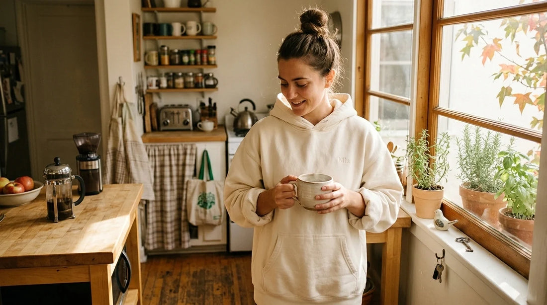 Girlfriend in oversized cream hoodie with tiny embroidered nickname.