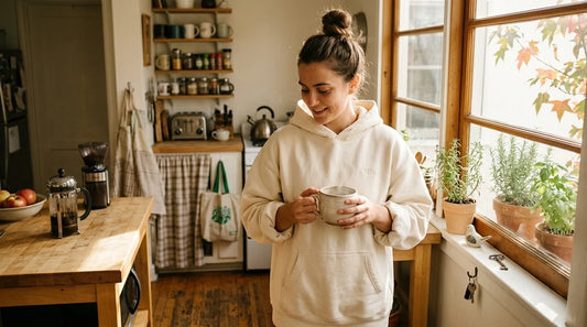 Girlfriend in oversized cream hoodie with tiny embroidered nickname.