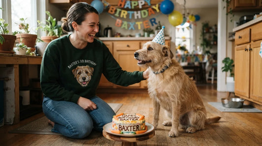 Dog birthday with owner in custom pet embroidered sweatshirt.
