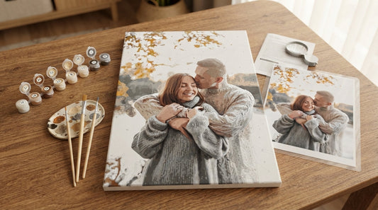 Custom paint by numbers kit unboxed with canvas and paints.