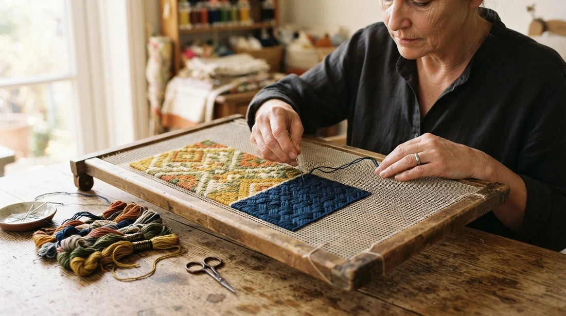 Craftsperson stitching needlepoint on mesh canvas with tapestry needle.