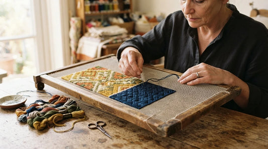 Craftsperson stitching needlepoint on mesh canvas with tapestry needle.