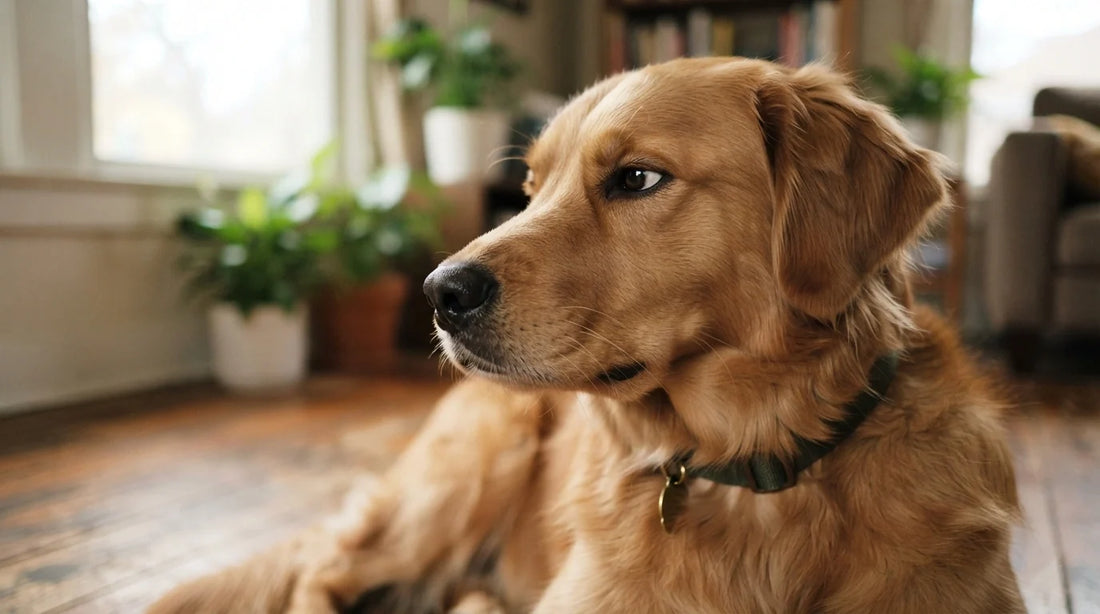 Dog side eye skeptical expression close-up.