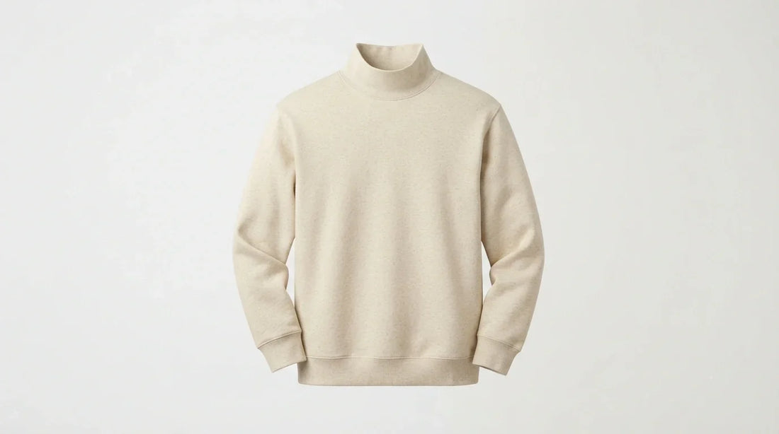 Mock neck sweatshirt with 2-inch standing collar.