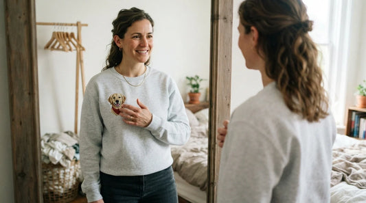 Woman wearing personalized pet embroidered sweatshirt at mirror.