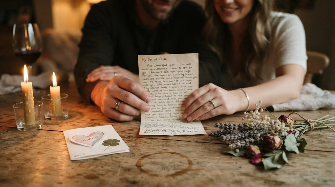 Hands holding handwritten love letter and paper keepsake.