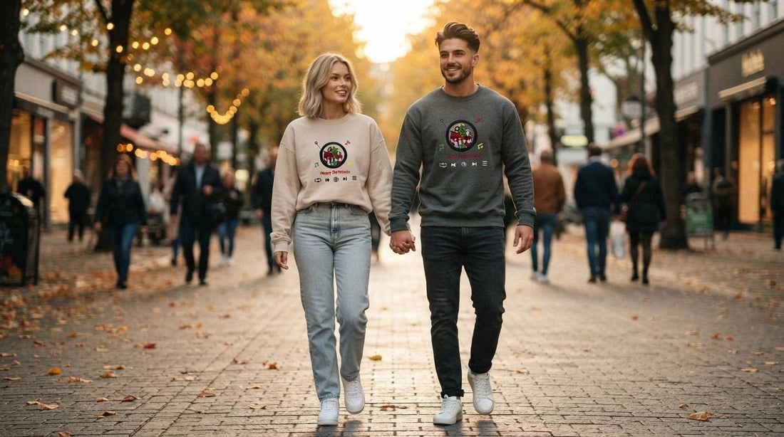 A stylish couple walking hand in hand on an autumn street, wearing matching hoodies in different neutral colors, showcasing coordinated yet individual couple style with custom embroidery