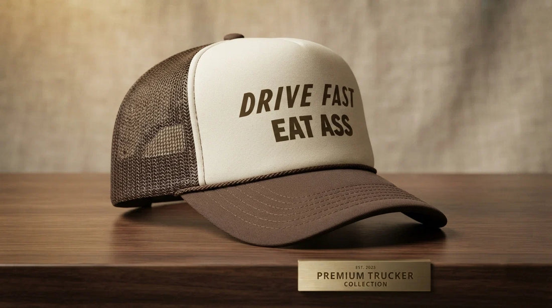 Trucker hat cross-section anatomy diagram – foam front panel, mesh rear panels, high crown, plastic snap closure, labeled components, technical illustration style.