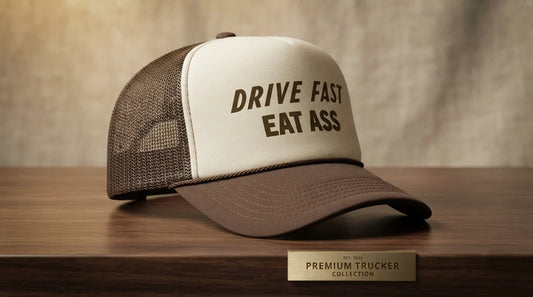 Trucker hat cross-section anatomy diagram – foam front panel, mesh rear panels, high crown, plastic snap closure, labeled components, technical illustration style.