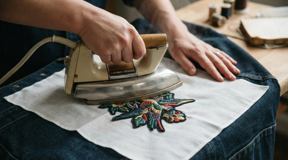 Hands pressing iron over patch with pressing cloth.