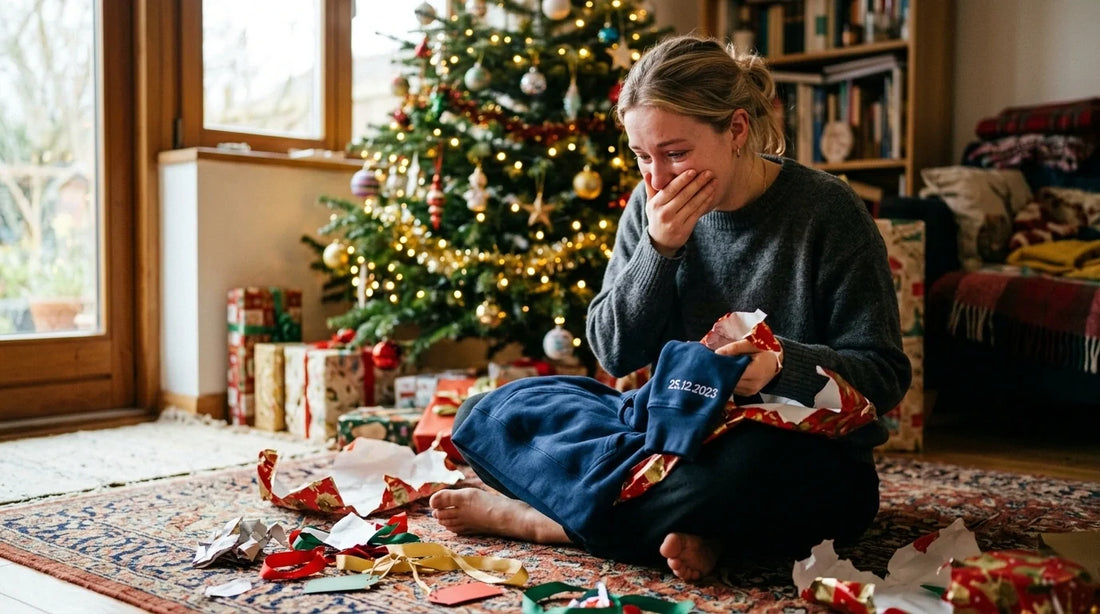 Woman on Christmas morning moved by stitched date on hoodie sleeve.