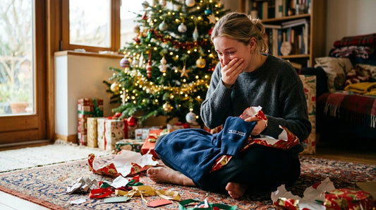 Woman on Christmas morning moved by stitched date on hoodie sleeve.