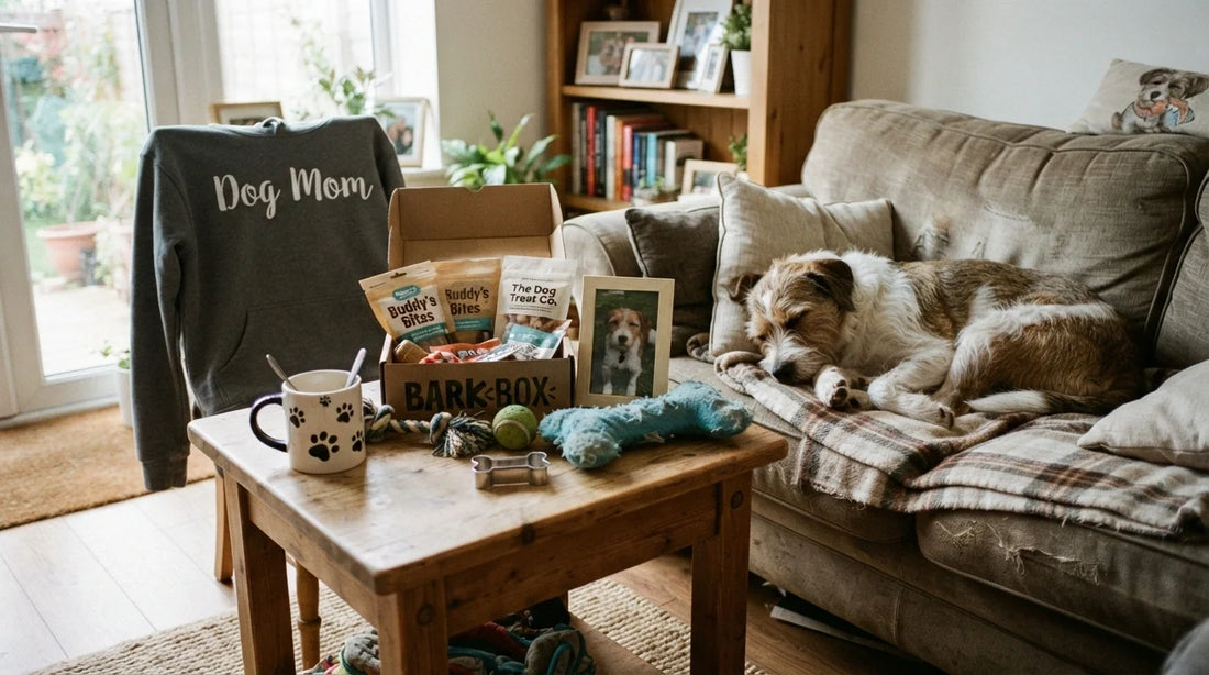 Dog lover’s home with generic dog gifts and sleeping dog.