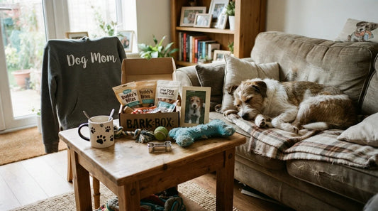 Dog lover’s home with generic dog gifts and sleeping dog.