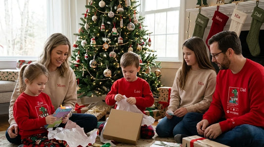 Family in matching embroidered Christmas pajamas opening gifts.