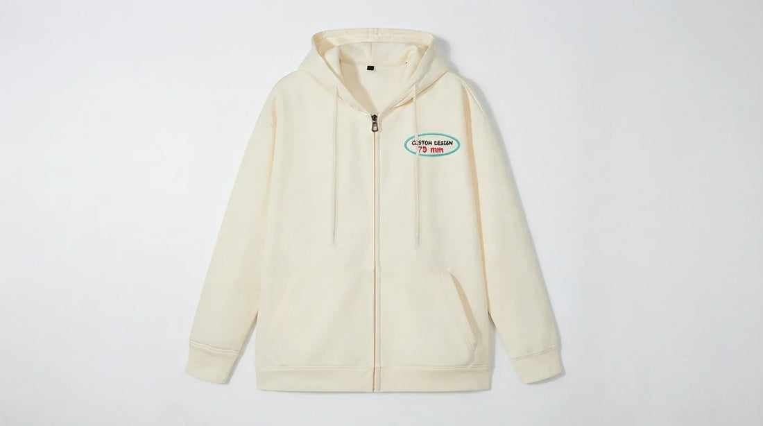 Full-zip hoodie hanging against white background showing zipper and fabric texture.