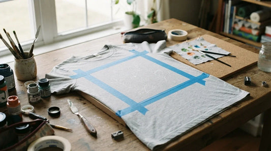 Preparing cotton T-shirt and workspace for acrylic cloth paint.