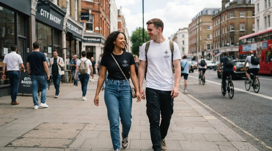 Couple in complementary black and white matching graphic tees.