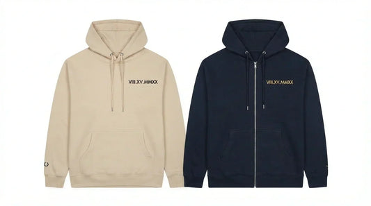 Two hoodies: one beige pullover with "VIII.XV.MMXX" text, one navy zip-up with gold text.