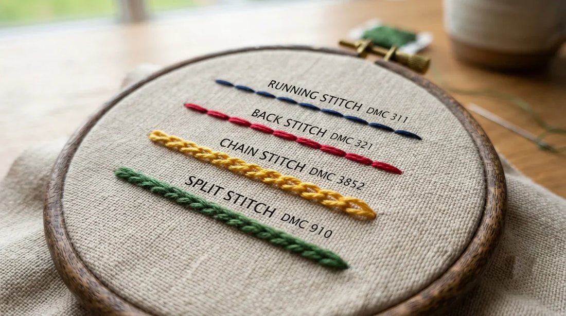 Fabric sampler with basic embroidery stitches running back chain split.