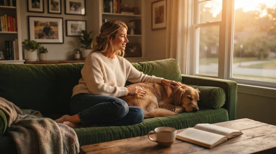 Woman with dog on sofa – quiet domestic moment.