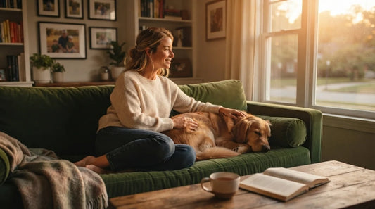 Woman with dog on sofa – quiet domestic moment.