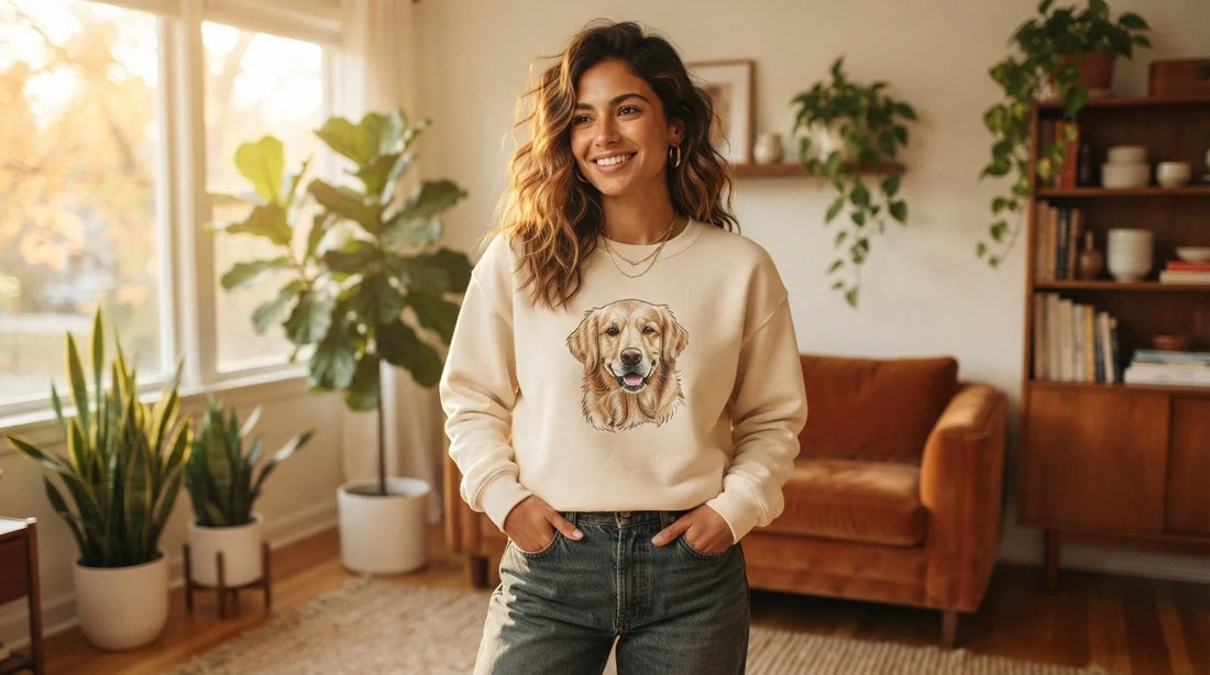 Stylish person wearing a cream sweatshirt featuring a beautifully embroidered golden retriever portrait on the chest, standing in a sunlit living room with plants. The embroidery shows exceptional detail and texture. Warm autumn lifestyle photography.