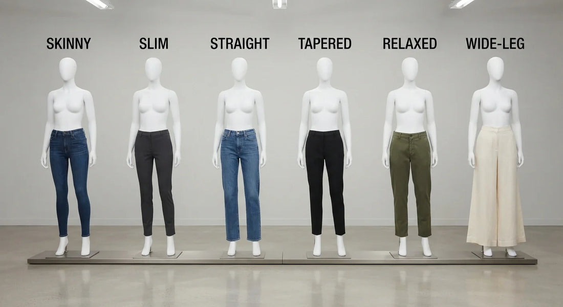 Six pants fit types compared side by side.