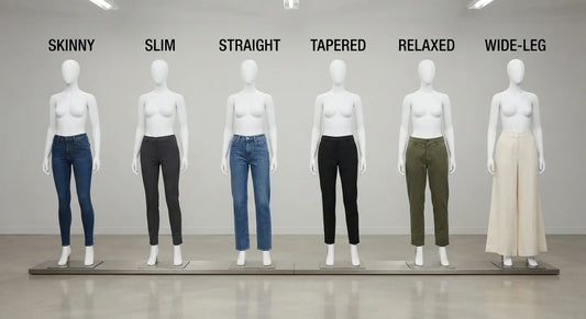 Six pants fit types compared side by side.