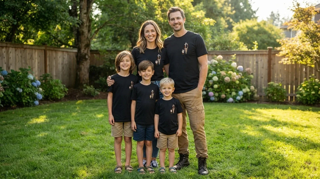 Family in classic matching t-shirts same color.