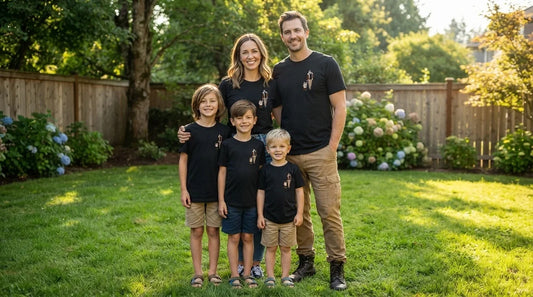 Family in classic matching t-shirts same color.