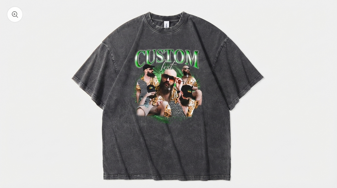 Graphic tee with vintage print styled with sneakers, jeans, and leather jacket.