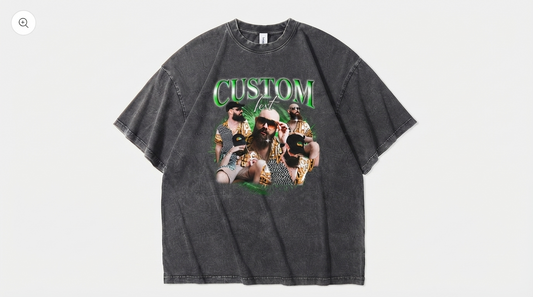 Graphic tee with vintage print styled with sneakers, jeans, and leather jacket.