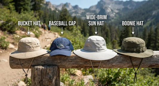 Four types of hiking hats compared – bucket, baseball, wide-brim, boonie.