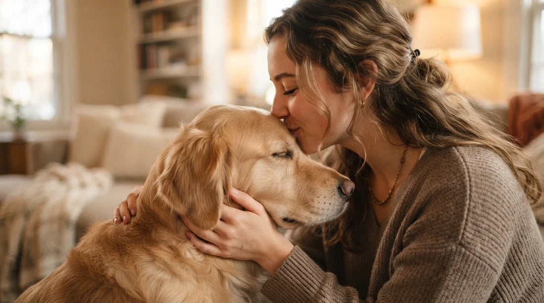 Kissing dog forehead – human gesture of affection.