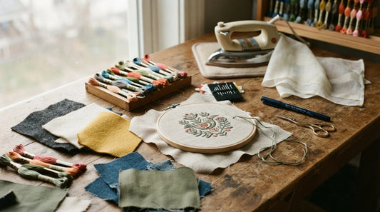 Embroidered patch materials on wooden worktable.