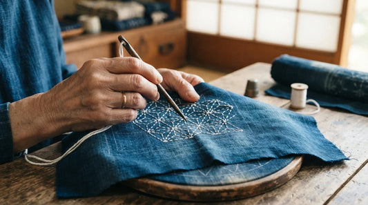 Hands stitching sashiko on indigo fabric.
