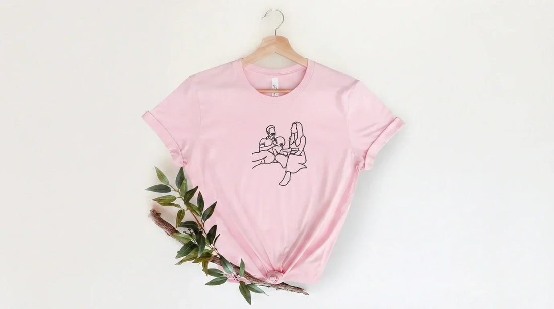 Line drawing embroidery on t-shirt.