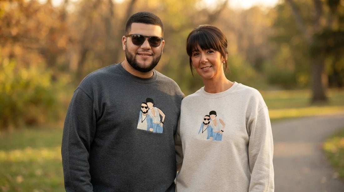 Couple in matching hoodies different tones charcoal oatmeal.