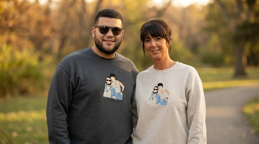 Couple in matching hoodies different tones charcoal oatmeal.