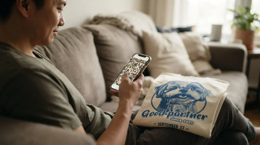 Person scrolling pet photos on phone beside custom pet portrait tee.
