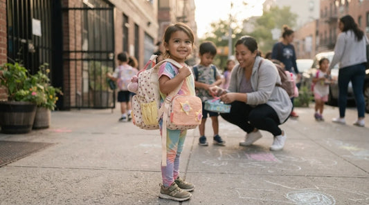 Preschooler wearing strawberry canvas backpack at drop-off.