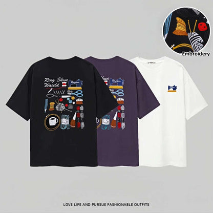 New Arrivals Summer Unisex Loose Short Sleeve:1.3 million - stitch high-quality Heavyweight Pure Cotton Embroidered Fashion T-Shirt