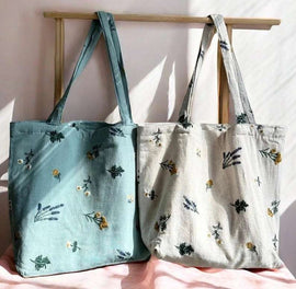 Boho Embroidered Floral Tote Bag in Sage Green & Natural Beige – Daisy & Lavender Design with Zipper Closure – Perfect Gift for Her
