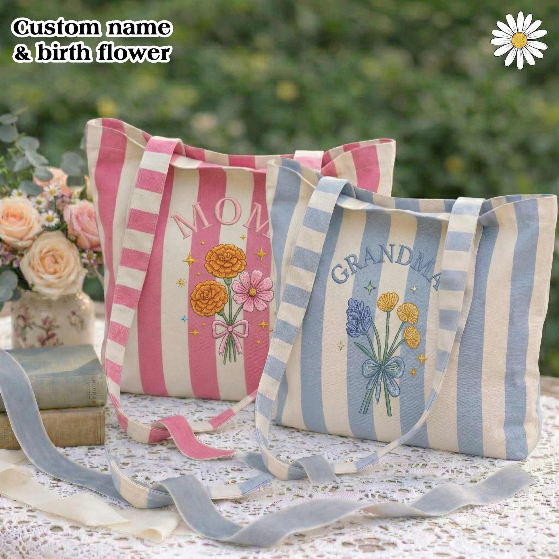 Embroidered Birth Month Flower Tote Bag - Vintage Striped