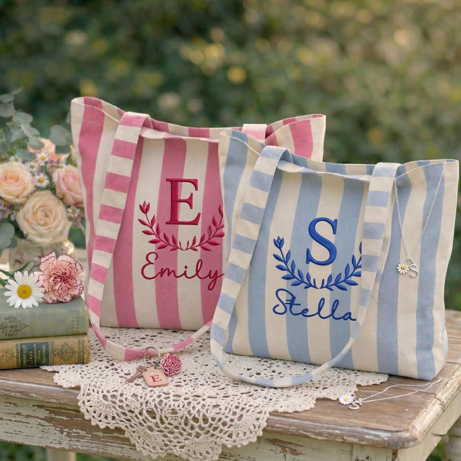 Embroidered Custom Name Tote Bag - Vintage Striped