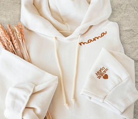 Custom Hoodie with Collar & Sleeve Embroidery | Embroidered Mom, Mama & Grandma Hoodie with Kids' Names