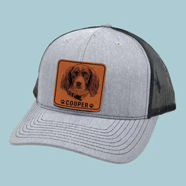 Personalized Trucker Hat with Dog Photo Engraving | Leather Patch Custom Cap | Father's Day Gift for Dog Dads
