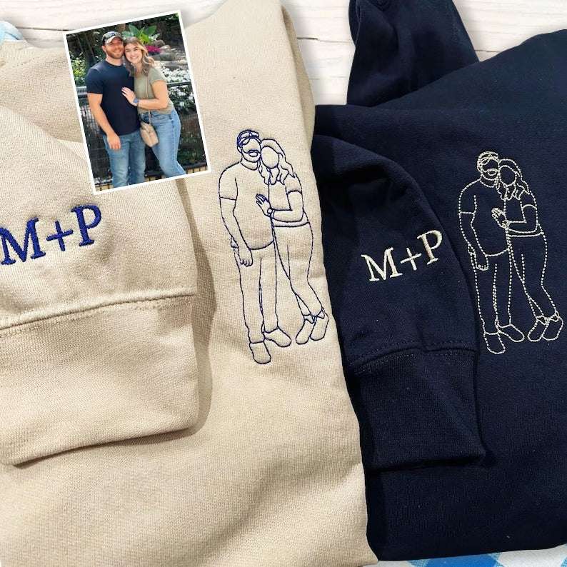 Custom Embroidered Portrait Sweatshirt from Photo | Matching Couples Embroidered Sweaters | Personalized Christmas Gift for Couples