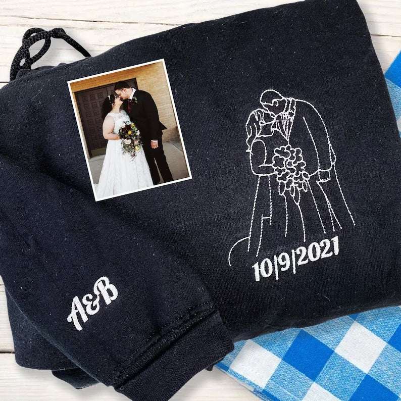 Custom Embroidered Portrait Sweatshirt from Photo | Matching Couples Embroidered Sweaters | Personalized Christmas Gift for Couples